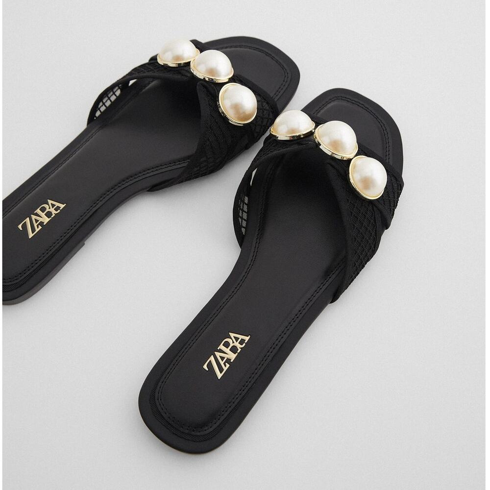 ZARA Pearl Embellished Mesh Slide Sandals NWT Black Resort Flats Size 7.5 - Picture 14 of 16